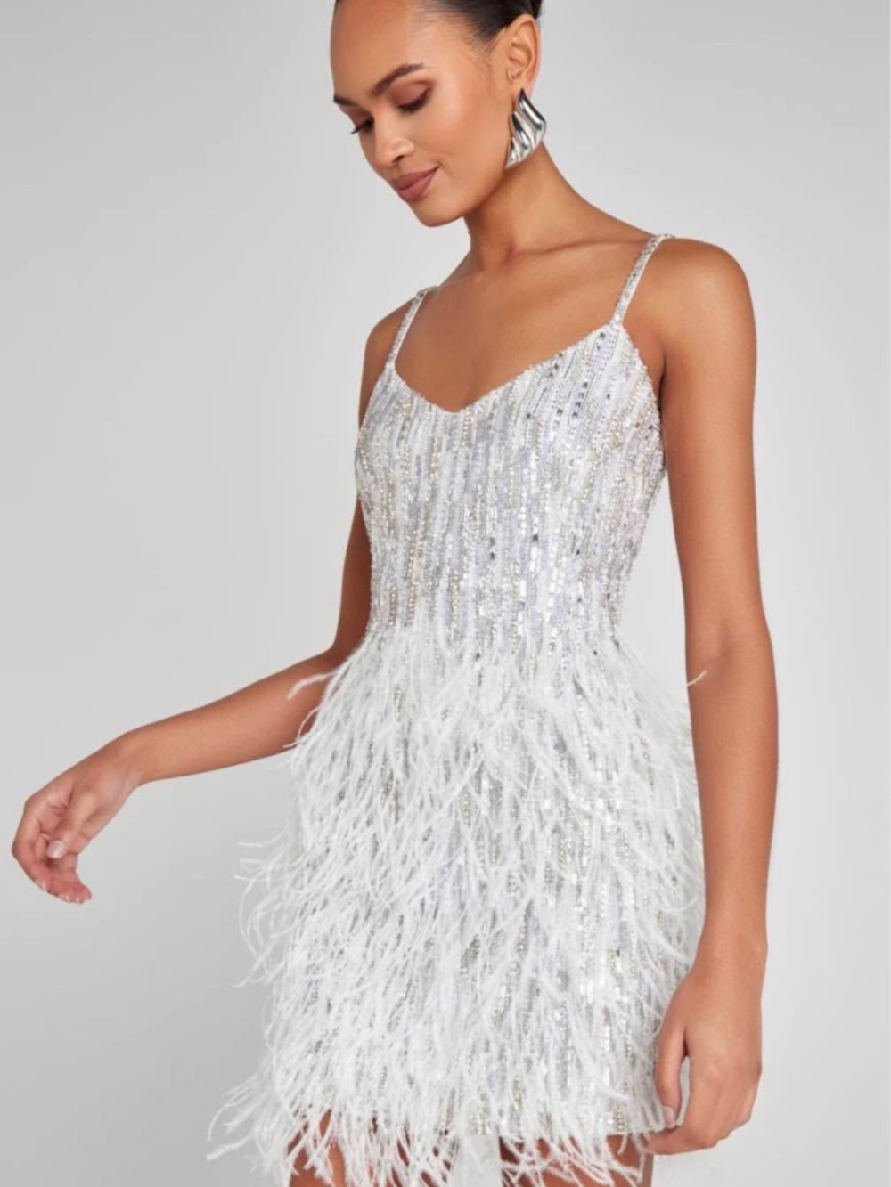 NWT NADINE MERABI Christy Silver Sequin & Feather Mini Dress